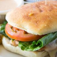 Teriyaki Sandwich · A teriyaki chicken breast on a ciabatta roll with melted Monterey Jack cheese, mayo, tomato,...