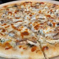Chicken Pizza · Garlic sauce base topped with Chicken, Mushroom, Fresh Basil, Mozzarella, Smoked Provolone, ...