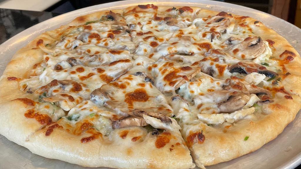 Chicken Pizza · Garlic sauce base topped with Chicken, Mushroom, Fresh Basil, Mozzarella, Smoked Provolone, Romano, and Parmesan Cheese