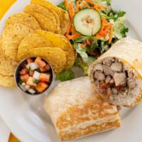 Jerk Chicken Burrito · Served with salad and corn chips.