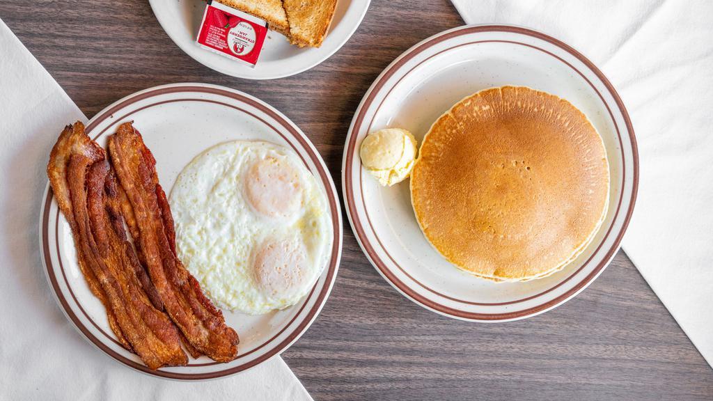 Country Breakfast · Two buttermilk pancakes and two eggs with your choice of bacon, sausage patty, ham or meat patty