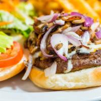 El Baron Burger · 1/2 lb. prime organic natural ground beef with grilled red onions, mushrooms, avocado, chedd...