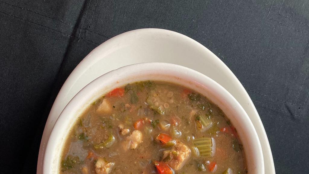 NEW ORLEANS CHICKEN AND SAUSAGE GUMBO · Chicken, Andouille Sausage, Okra, bell Pepper, Celery, Parsley, Onion, Garlic, Rice