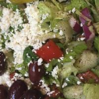 Fattoush Salad · Romaine, tomato, sheep feta, sumac, cucumber, onion, mint, pita croutons, olives, lemon-garl...