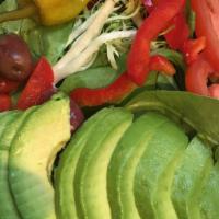 Garden Salad (v) · Vegan and gluten-free. Spring mix, tomato, cucumber, red pepper, avocado, balsamic vinaigret...