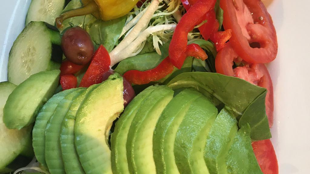 Garden Salad (v) · Vegan and gluten-free. Spring mix, tomato, cucumber, red pepper, avocado, balsamic vinaigrette.