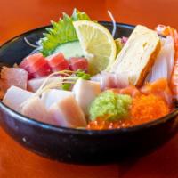 Chirashi · Favorite. Assorted sashimi over sushi rice. Chef's choice includes soup.