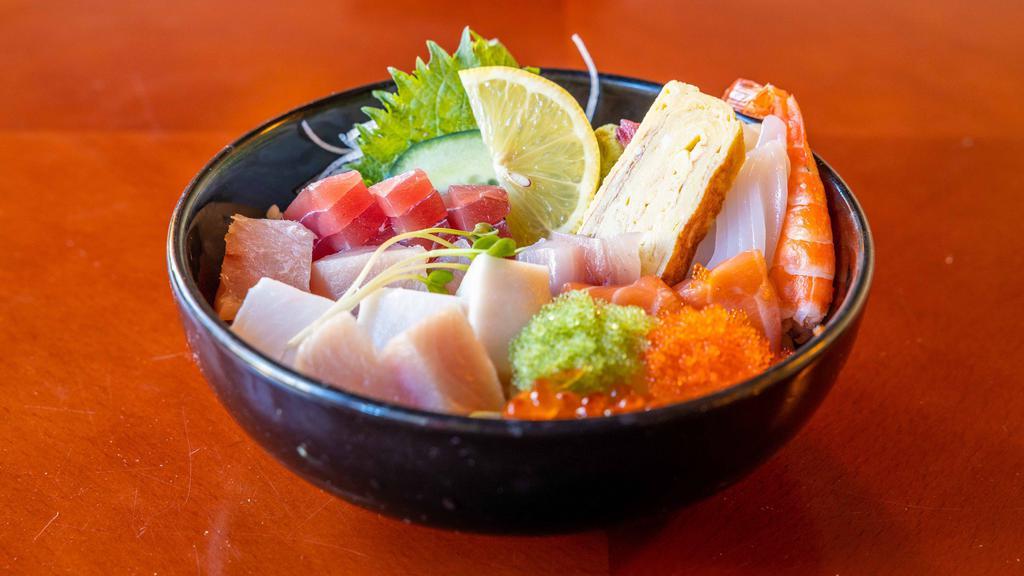 Chirashi Lunch · Assorted sashimi over bowl of sushi rice. Includes miso soup.
