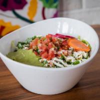Burrito Bowl · choice of protein, rice, beans, lettuce, pico de gallo, queso cotija, crema, avocado sauce, ...
