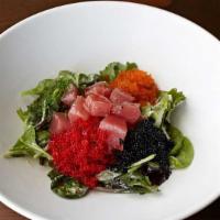 Ahi Poke Salad · Tuna, fish roe, and organic greens with sesame mayo dressing.