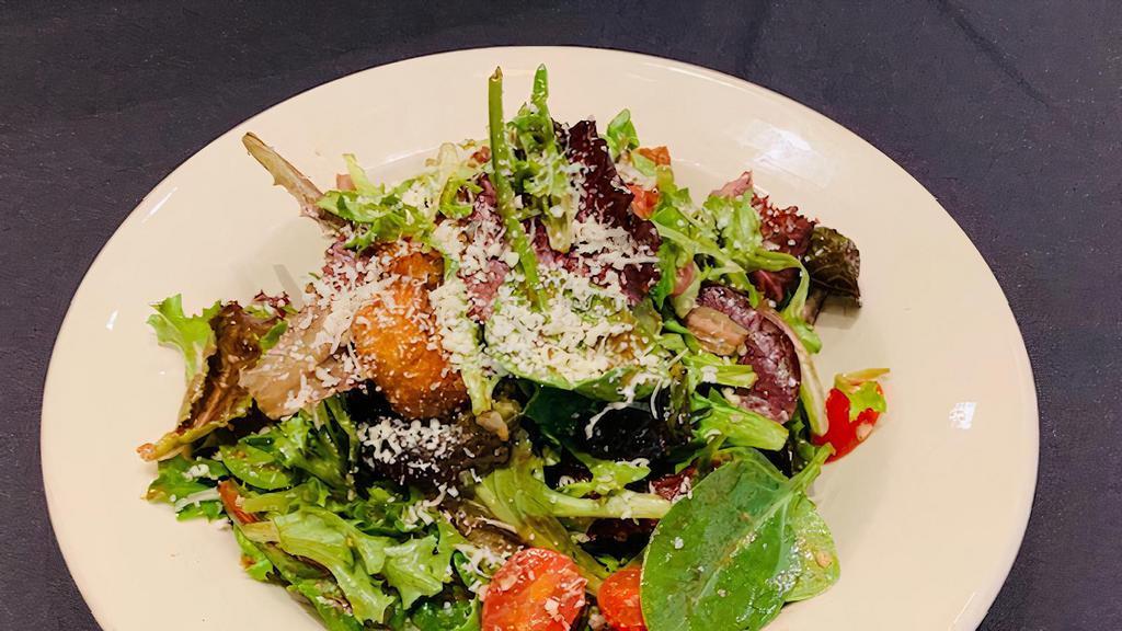Simple Salad · 230 cal. organic baby greens, heirloom tomatoes, garlic croutons, parmesan, dijon balsamic vinaigrette