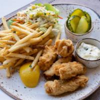 Halibut & Chips · 960 cal. ale battered halibut, fresh slaw, remoulade sauce, b&b pickles, herbed french fries