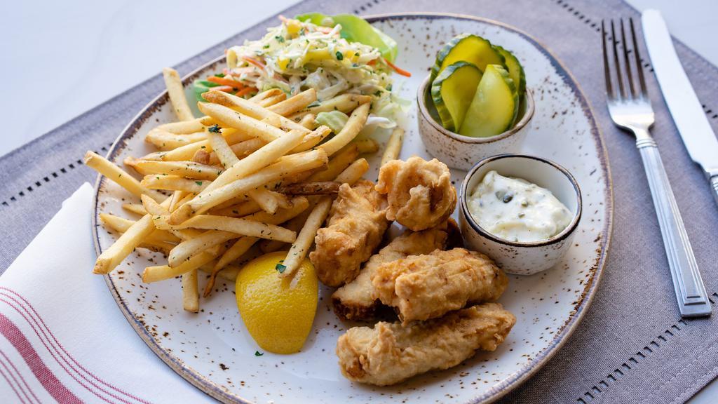 Halibut & Chips  · 960 cal. ale battered halibut , fresh slaw, remoulade sauce, b&b pickles, salt and pepper crush french fries