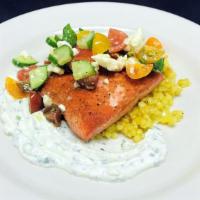Wild Salmon with Saffron Couscous · Heirloom tomatoes, cucumber, tzatziki sauce, basil, feta cheese. 770 cal

Item is served or ...