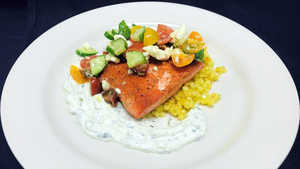 Wild Salmon with Saffron Couscous · Heirloom tomatoes, cucumber, tzatziki sauce, basil, feta cheese. 770 cal

Item is served or may be requested undercooked. Consuming raw or undercooked meats, poultry, eggs, shellfish or seafood can increase your risk of foodborne illness.