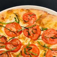 Margherita Pizza · Roma tomatoes, garlic oil,  basil, mozzarella, parmesan, and aged provolone cheese. 850 cal.