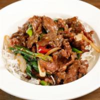 Mongolian Beef · flank steak, onions, scallions, jalapenos, cilantro