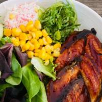 Unagi Poke · White Rice top with BBQ Eel, Tobiko, Cucumber, Corn, Crab Meat, Edamame, Mix Green & Seaweed...