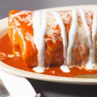 Super Burrito Ahogado “Wet” · Flour tortilla topped with choice of red or green enchilada sauce and jack cheese. Beans, ri...