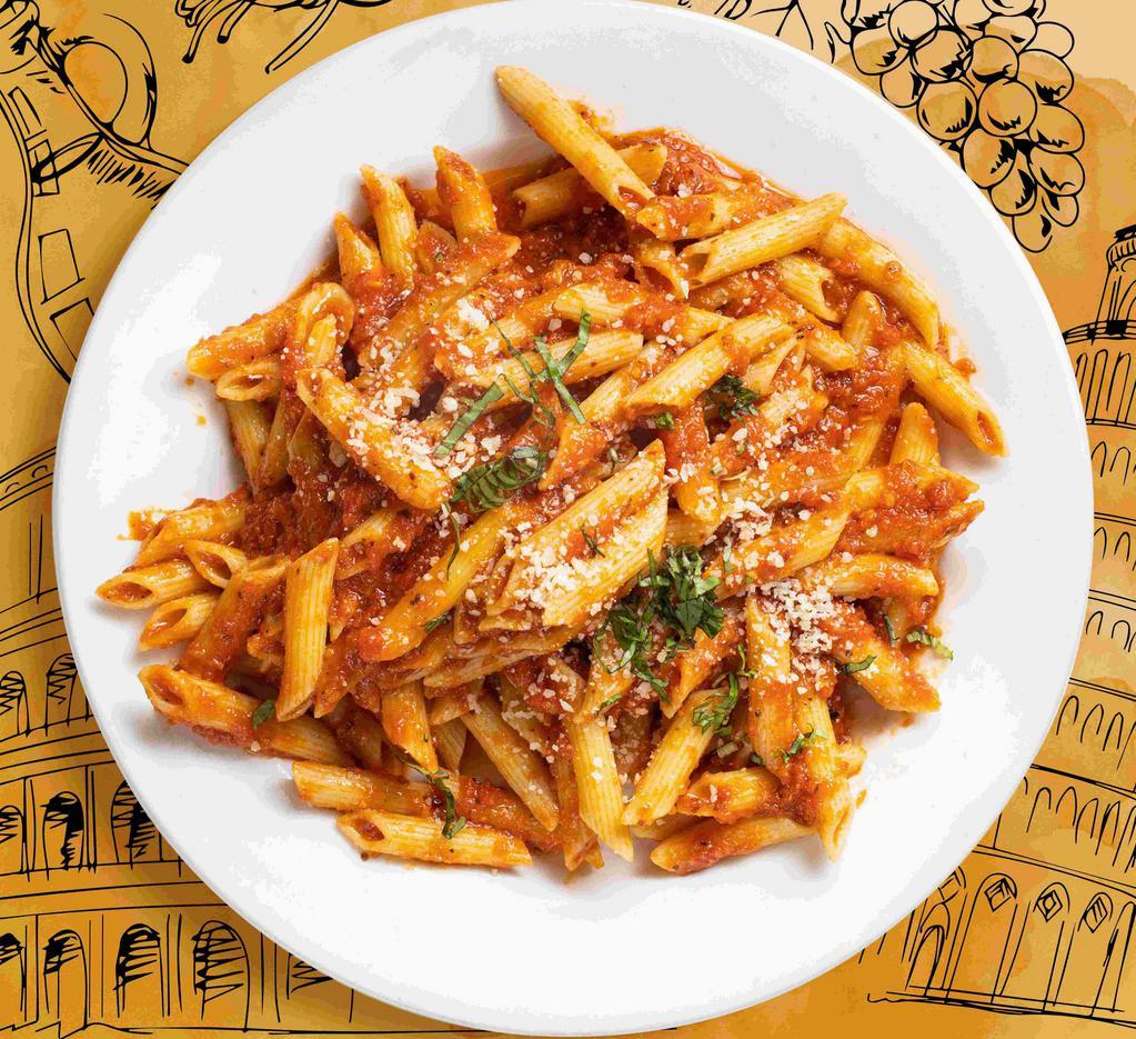 Penne For Your Thoughts · Delicious penne pasta cooked in a spicy tomato sauce.