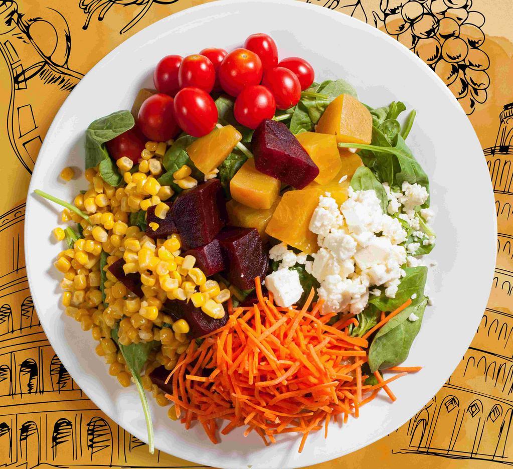 Beets By Bae · Our popular beet salad with red and golden beet, carrot, jicama, corn, feta cheese over mixed greens, tomato and balsamic.