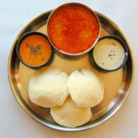 Idly with Salna (3 Pc) · Steamed rice cakes served with curry.