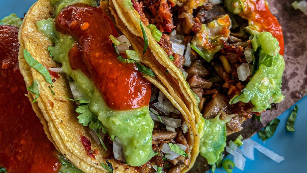 Beef Tacos · 3 beef tacos, 24-h marinated beef with avocado