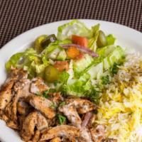 Chicken shawarma · thin slices of marinated chicken topped with tahini sauce