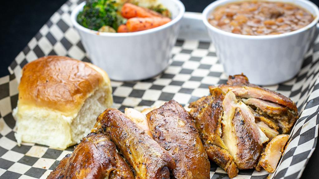 Chicken Plate · Popular. Power smoked boneless chicken thighs.
Served with two sides, (Honey Butter roll optinal)