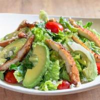 Krispy Chicken and Avocado Salad · Romaine lettuce, avocado, tomatoes, Krispy chicken, bleu cheese crumbles & honey lime dressi...