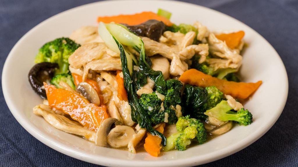 Stir Fried Chicken & Vegetables · Chicken, bok choy, broccoli, carrots, shiitake, and crimini mushrooms, ginger and garlic.