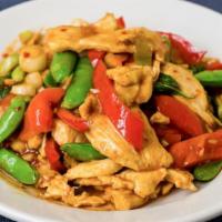 Lemongrass Chicken · A spicy dish with sugar snap peas, red bell pepper, lemongrass, basil, scallions, and chili ...
