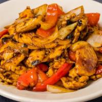 Black Bean Chicken · Chicken, red bell pepper and yellow onions stir-fried with black beans and chili sauce.