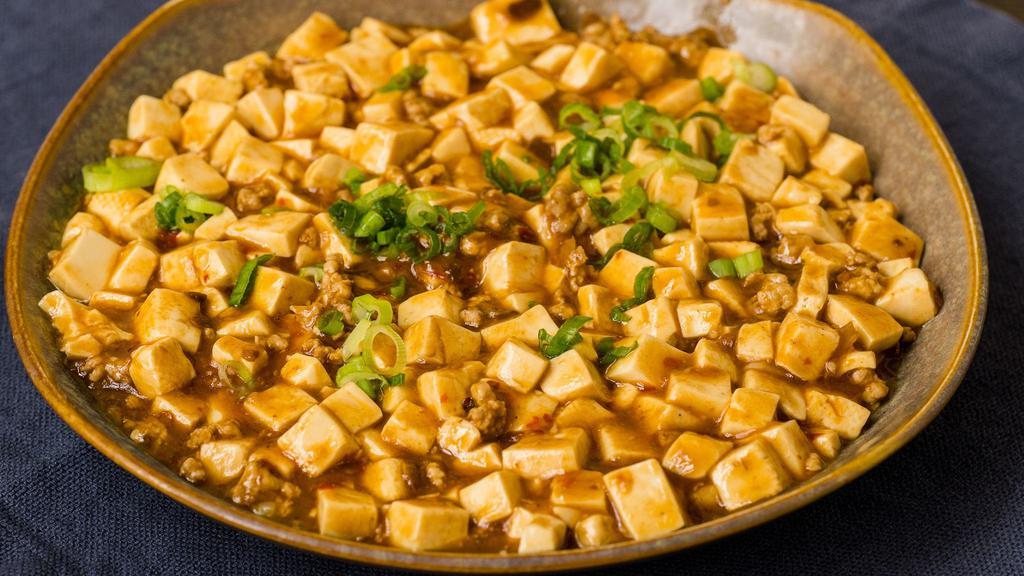 Ma Po Tofu · Vegetarian. A spicy home-style dish of silken tofu and ground pork braised in a spicy brown bean sauce. Vegetarian option available.