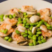Crystal Prawns · Delicately stir-fried with soy beans, mushrooms, scallions, ginger, and garlic.