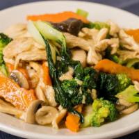 Stir Fried Chicken & Vegetables · Gluten-free. Chicken, bok choy, broccoli, carrots, mushrooms, ginger, and garlic.