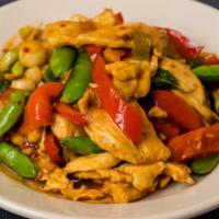 Lemongrass Chicken · Gluten-free. A spicy dish with sugar snap peas, red bell pepper, basil, scallions, and chili...