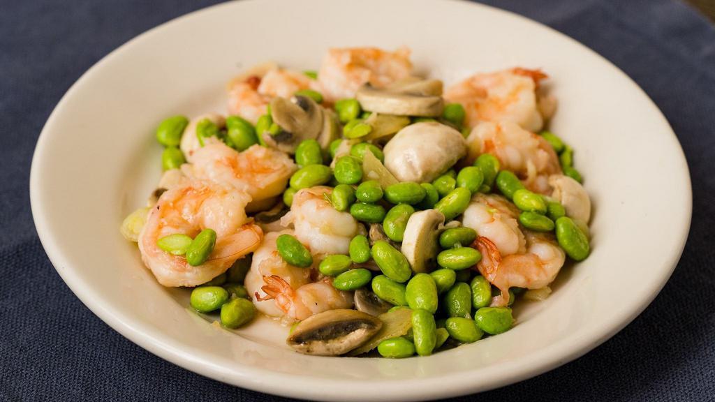 Crystal Prawns · Gluten-free. Delicately stir-fried with soy beans, mushrooms, scallions, ginger, and garlic.