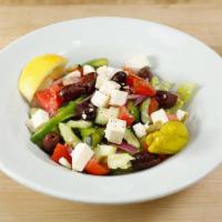 Greek Salad · Vegetarian. Romaine hearts lettuce, tomatoes, bell pepper, cucumber, onion, kalamata olives,...