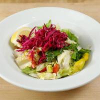 Mediterranean Salad · Vegetarian. Iceberg & romaine hearts lettuce, red cabbage, cucumbers, tomatoes, onions, bell...