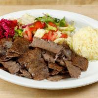Lamb & Beef Gyros plate · Slow cooked, thinly sliced, marinated lamb & beef.