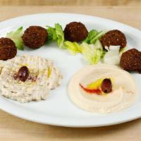 Falafel Plate · Vegetarian. Deep fried garbanzo bean balls with hummus & eggplant. Served with baba ghanoush...