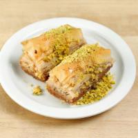 Baklava · Homemade syrup with pistachio, walnuts baked in filo.