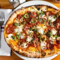 FORGE PEPPERONI PIZZA · red sauce, topped with Zoe's uncured pepperoni, castelvetrano olives, red onion, jalapeño, m...