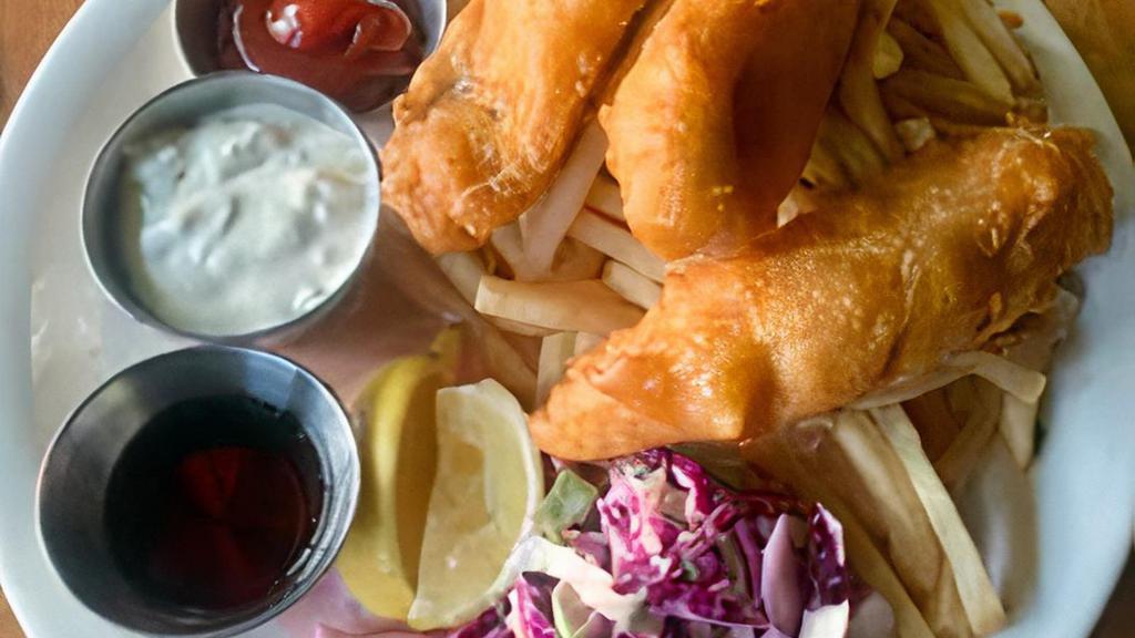 FISH N' CHIPS · lightly battered cod, french fries, tartar sauce