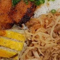 76. Combo Grilled Pork Chop-Suon,cha,bi · With crab meatloaf, shredded pork & steamed rice.