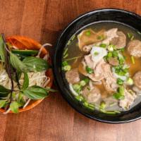 Fresh Sliced Beef & Beef Ball Noodle Soup (TAI BV) · Beef soup with noodles.