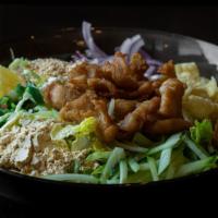  Burmese Chicken Salad · Bite-sized fried chicken with red onions, yellow bean powder, cabbage, cilantro, fried wonto...