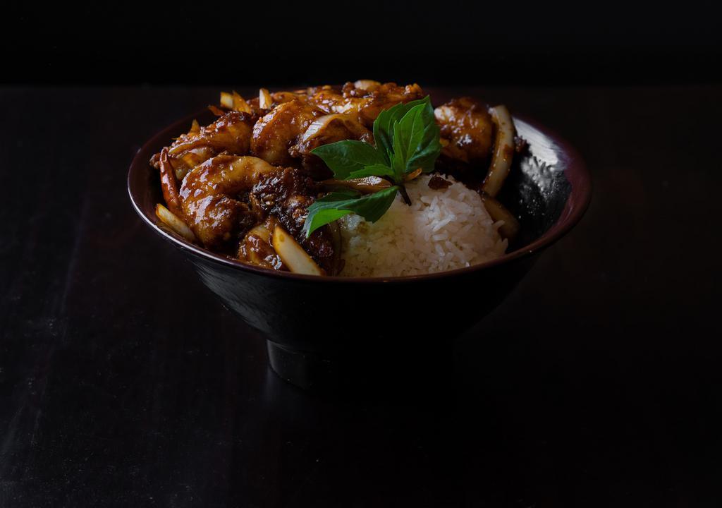 Burmese Shrimp Bowl · Wok sautéed shrimp with onions, garlic, ginger, jalapeños, dried chilis, soy sauce, hoison and oyster sauce.