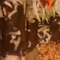 9. Enchiladas de Mole · Rolled enchiladas covered in mole sauce.  Your choice of chicken or cheese.